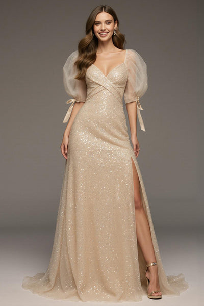 Sparkly Champagne Puff Sleeves Sheath Sequin Long Formal Dress with Slit