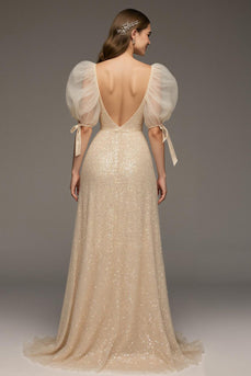 Sparkly Champagne Puff Sleeves Sheath Sequin Long Formal Dress with Slit
