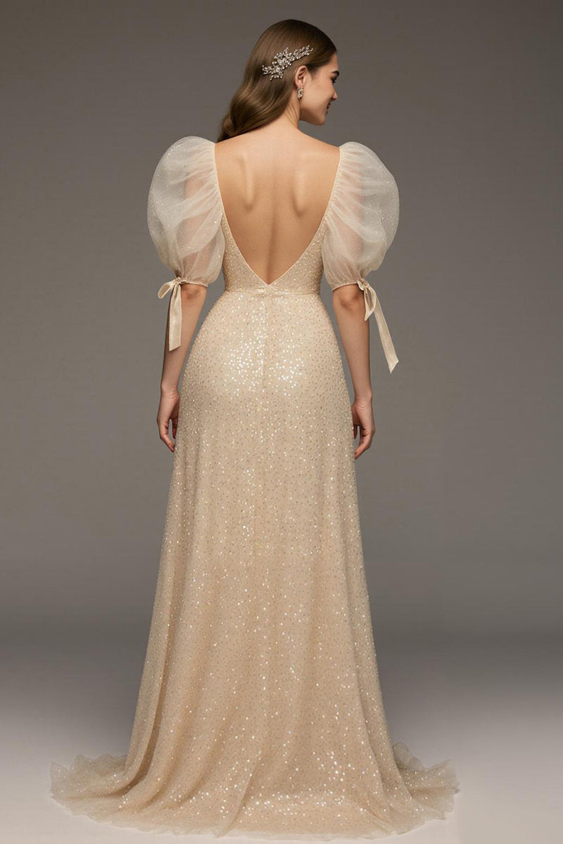 Load image into Gallery viewer, Sparkly Champagne Puff Sleeves Sheath Sequin Long Formal Dress with Slit