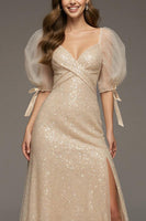 Load image into Gallery viewer, Sparkly Champagne Puff Sleeves Sheath Sequin Long Formal Dress with Slit