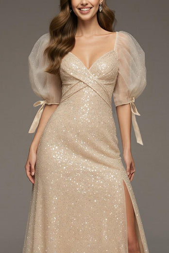 Sparkly Champagne Puff Sleeves Sheath Sequin Long Formal Dress with Slit