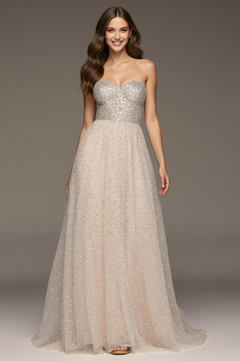 Sparkly Ivory Sweetheart A-Line Sequin Long Formal Dress