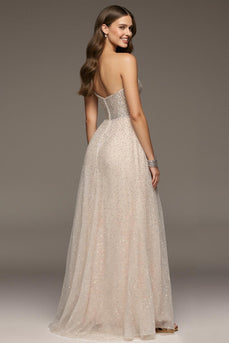 Sparkly Ivory Sweetheart A-Line Sequin Long Formal Dress