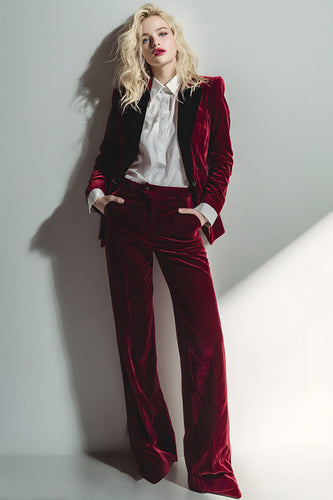 2 Piece Burgundy Velvet Long Sleeves Prom Suits with Pockets