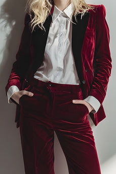 2 Piece Burgundy Velvet Long Sleeves Prom Suits with Pockets