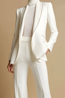 2 Piece Sparkly White Shawl Lapel Prom Suits with Pockets