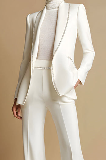 2 Piece Sparkly White Shawl Lapel Prom Suits with Pockets