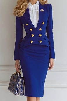 2 Piece Royal Blue Pencil Double Breasted Midi Business Suits