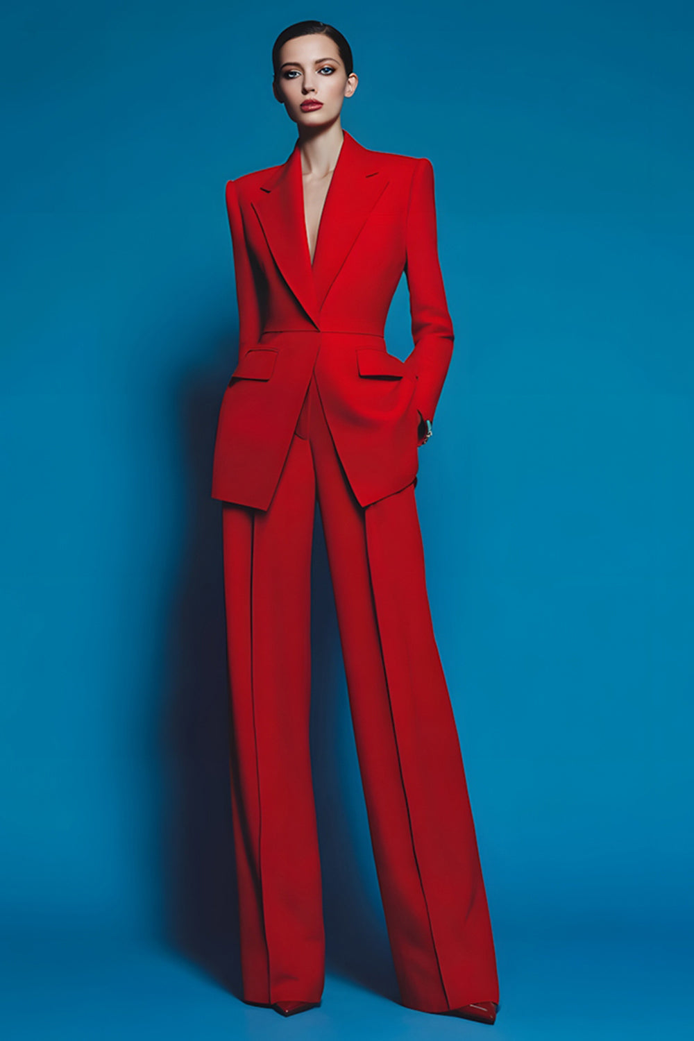 2 Piece Red Notched Lapel Long Sleeves Prom Suits with Pockets