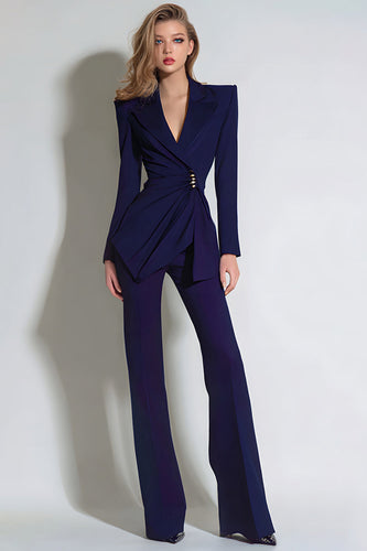 2 Piece Dark Purple Ruched Notched Lapel Prom Suits