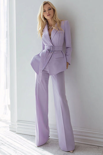 2 Piece Lilac Pockets Long Sleeves Prom Suits with Belt