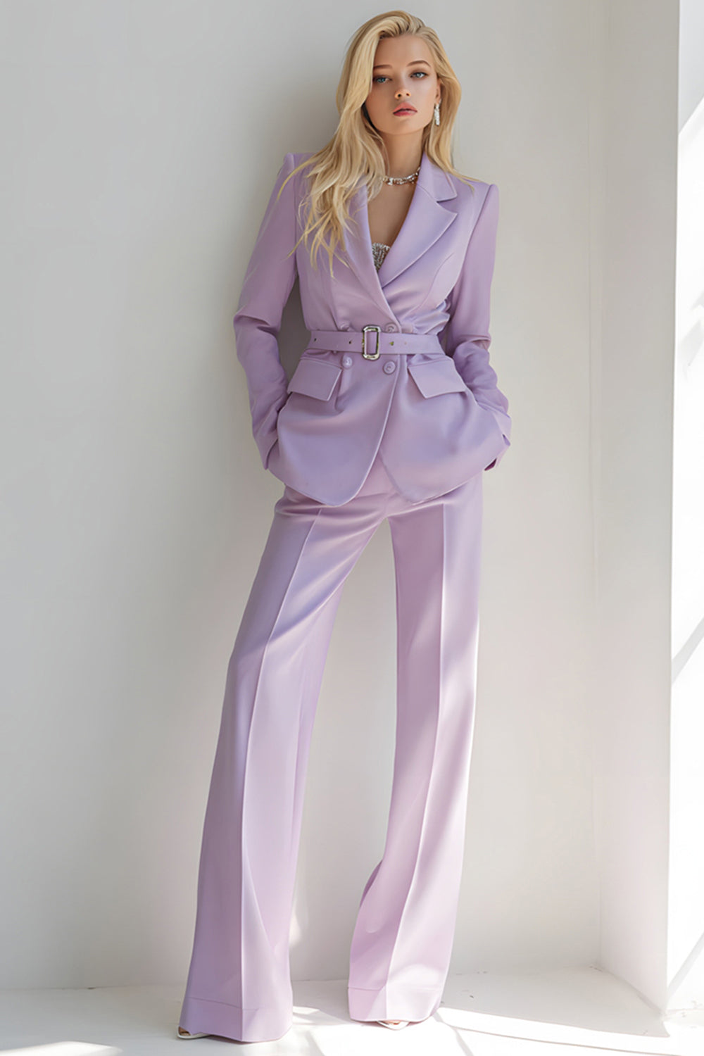 2 Piece Lilac Notched Lapel Long Sleeves Prom Suits with Belt