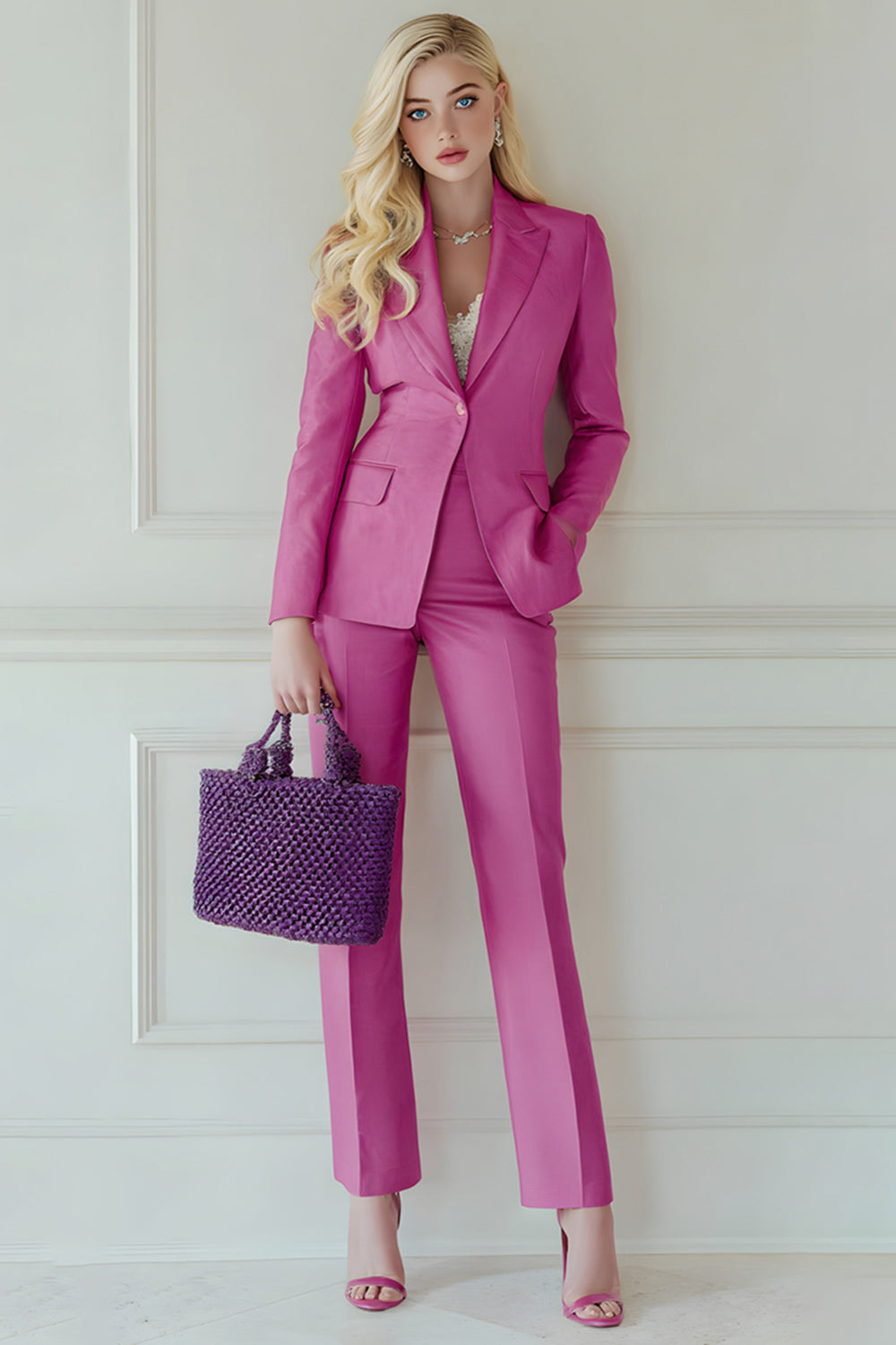 Fuchsia 2 Piece Notched Lapel Prom Suits with Pockets