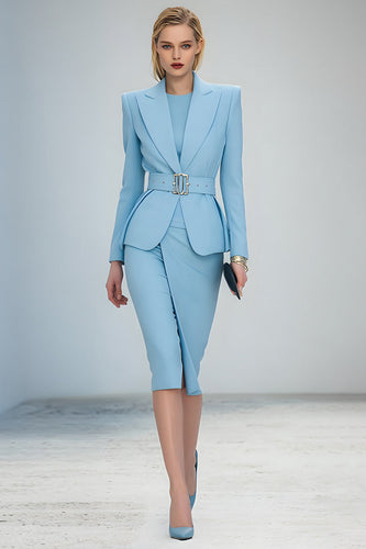 Blue 2 Piece Pencil Peak Lapel Midi Business Suits with Belt