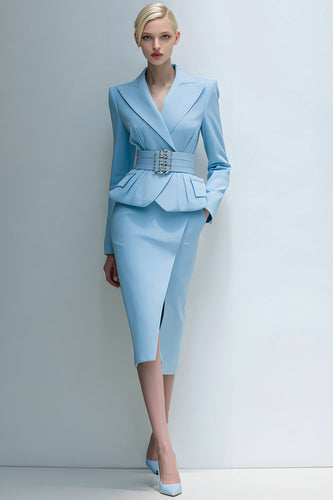 2 Piece Blue Pencil Peak Lapel Midi Business Suits with Pockets