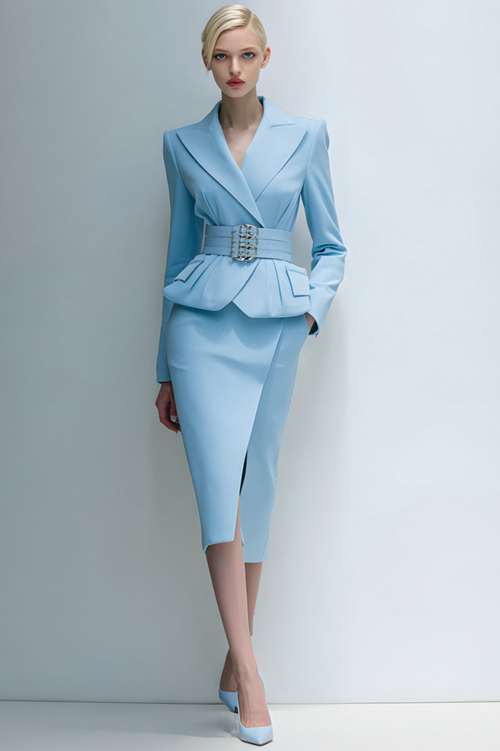 2 Piece Blue Pencil Peak Lapel Midi Business Suits with Pockets