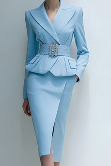 2 Piece Blue Pencil Peak Lapel Midi Business Suits with Pockets