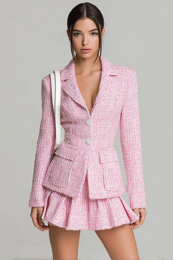 Pink 2 Piece Single Breasted Tweed Short Pageant Interview Outfits with Pockets