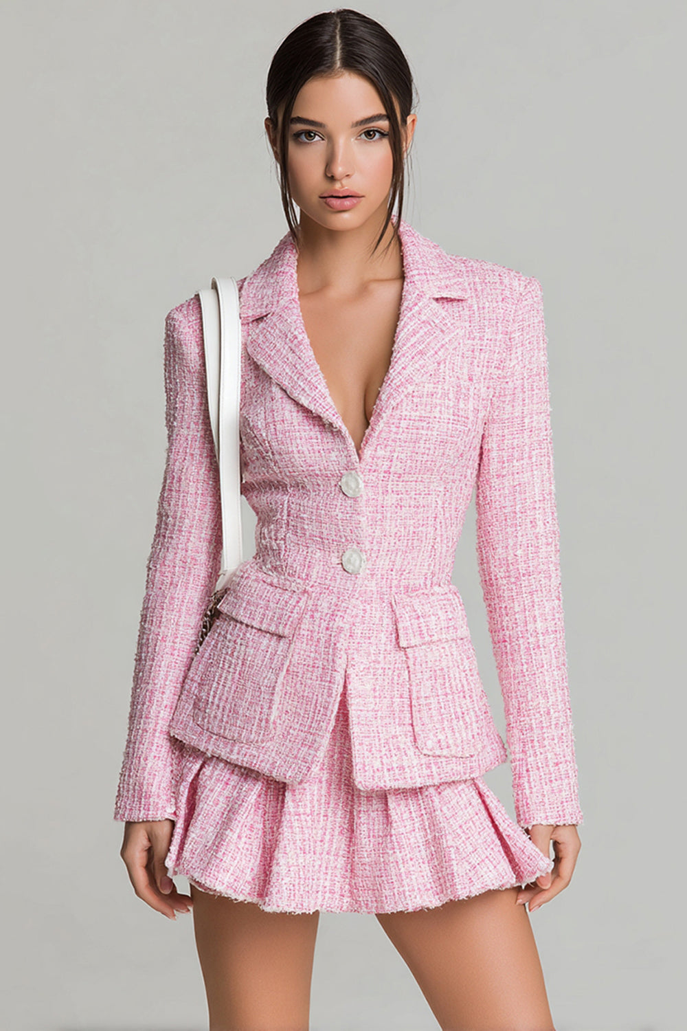 Pink 2 Piece Single Breasted Tweed Short Pageant Interview Outfits with Pockets