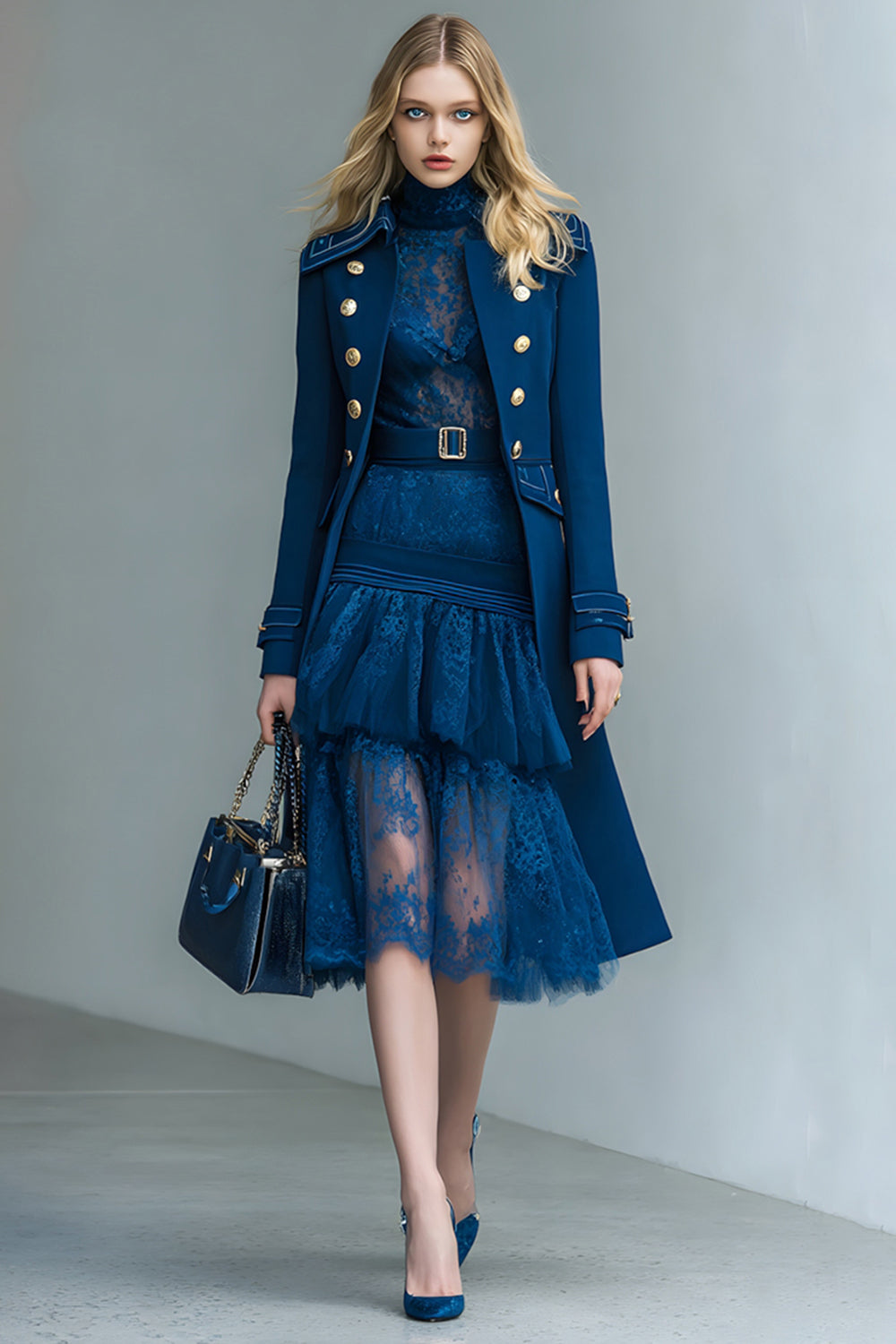 Dark Blue Double Breasted Prom Blazer with Sleeves