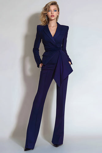 Dark Purple Ruched Slim Fit 2 Piece Long Sleeves Prom Suits with Sash