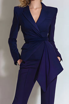 Dark Purple Ruched Slim Fit 2 Piece Long Sleeves Prom Suits with Sash