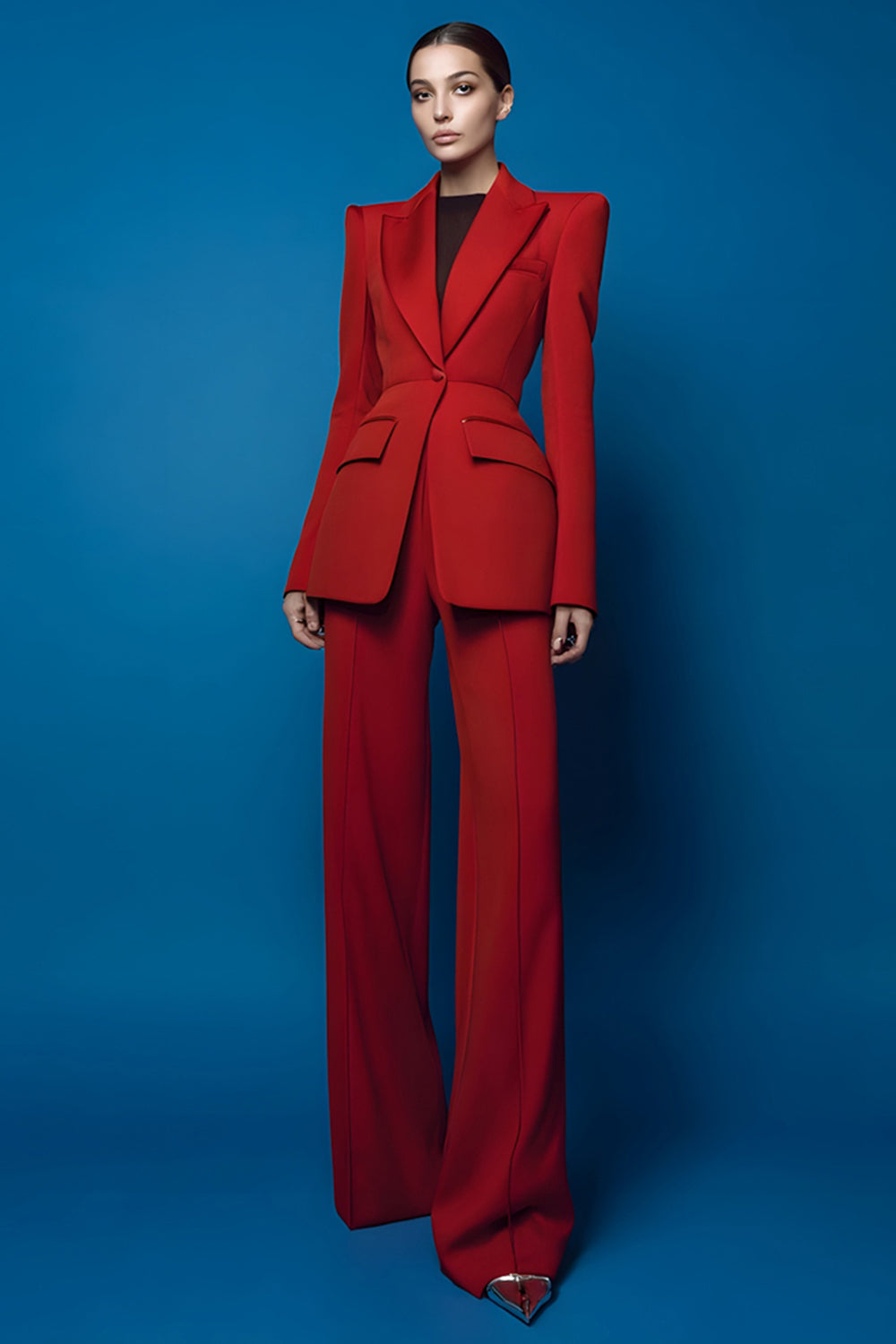 2 Piece Red One Button Peak Lapel Long Sleeves Prom Suits