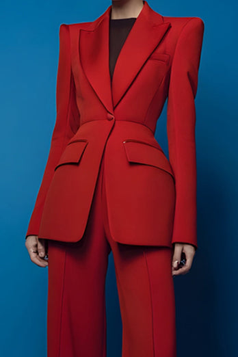 2 Piece Red One Button Peak Lapel Long Sleeves Prom Suits