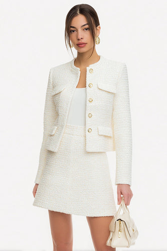 2 Piece White A Line Tweed Single Breasted Short Pageant Interview Outfits