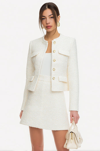 2 Piece White A Line Tweed Single Breasted Short Pageant Interview Outfits