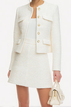 2 Piece White A Line Tweed Single Breasted Short Pageant Interview Outfits