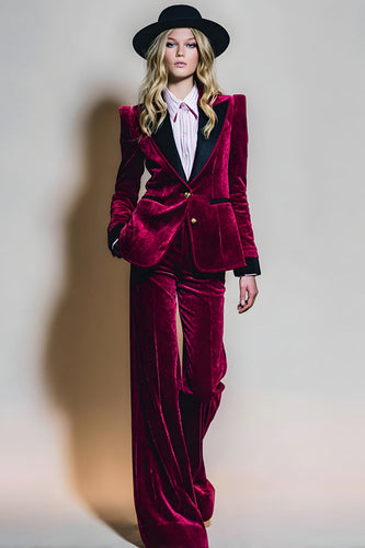 2 Piece Burgundy Velvet Peak Lapel Long Sleeves Prom Suits