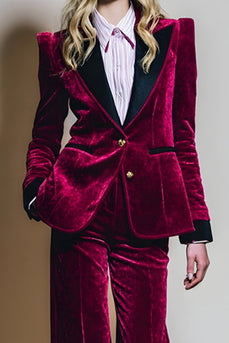 2 Piece Burgundy Velvet Peak Lapel Long Sleeves Prom Suits