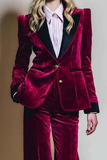 2 Piece Burgundy Velvet Peak Lapel Long Sleeves Prom Suits