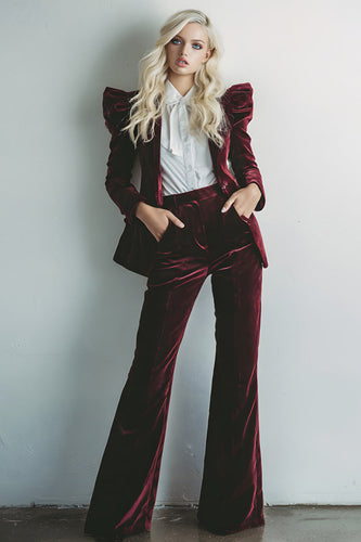 2 Piece Burgundy Velvet Long Sleeves Prom Suits
