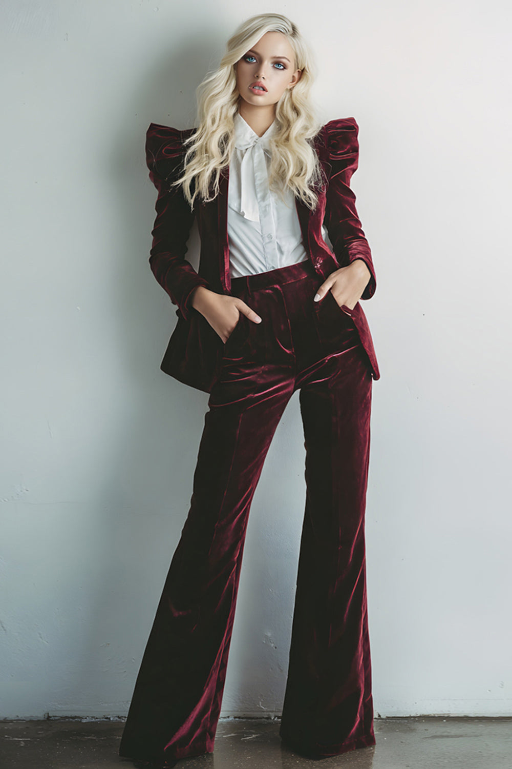 2 Piece Burgundy Velvet Long Sleeves Prom Suits