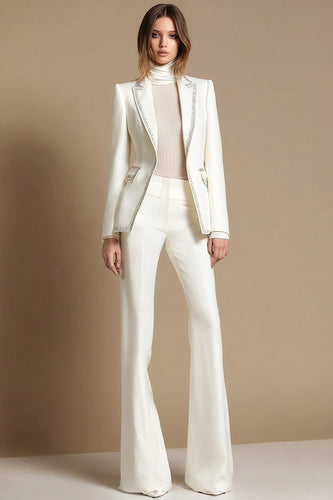 2 Piece Sparkly White Peak Lapel Long Sleeves Prom Suits with Beading