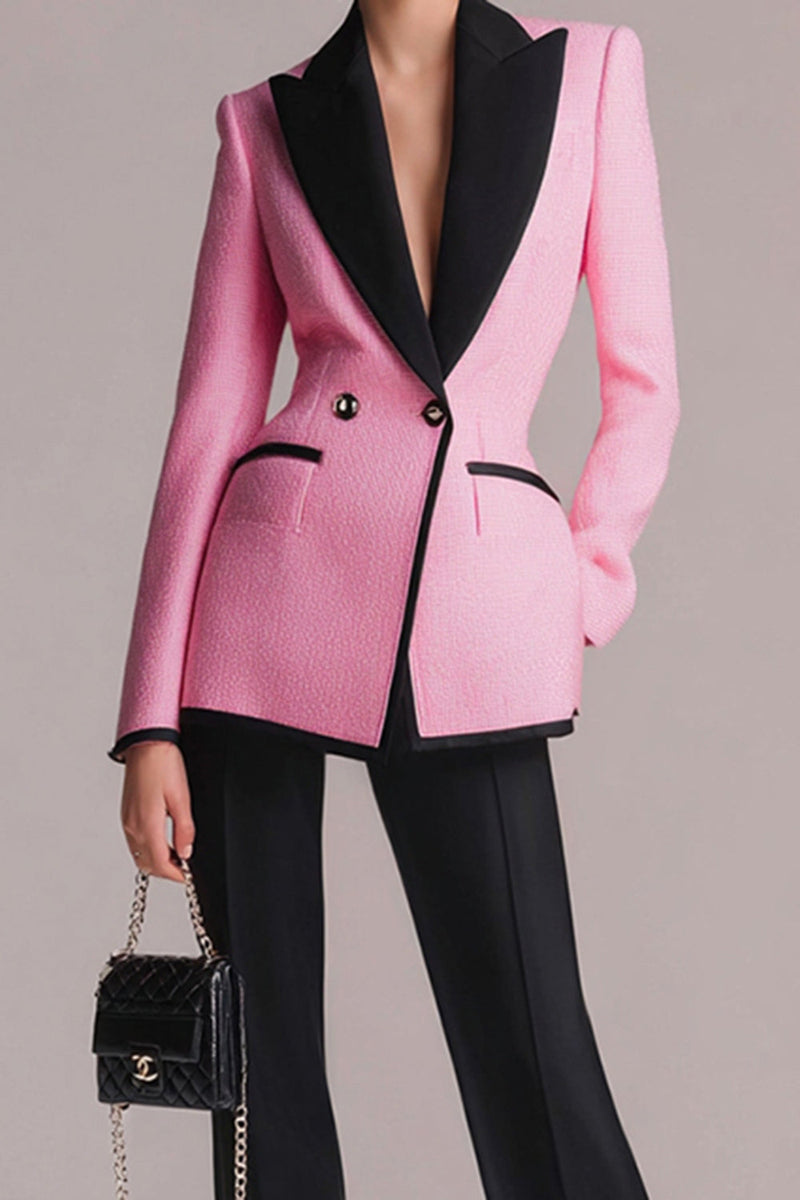 Load image into Gallery viewer, 2 Piece Black Pink Peak Lapel Tweed Long Sleeves Pageant Interview Outfits
