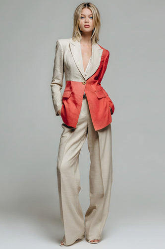 2 Piece Khaki Red Patchwork Peak Lapel Long Sleeves Prom Suits
