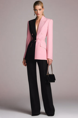 2 Piece Black Pink Patchwork Peak Lapel Long Sleeves Prom Suits with Buttons