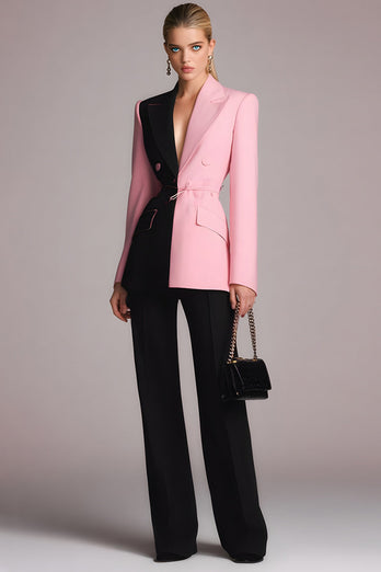 2 Piece Black Pink Patchwork Peak Lapel Long Sleeves Prom Suits with Buttons