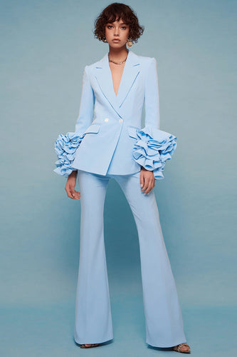 Blue 2 Piece Notched Lapel Long Sleeves Prom Suits with Ruffles