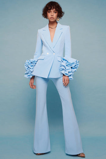 Blue 2 Piece Notched Lapel Long Sleeves Prom Suits with Ruffles
