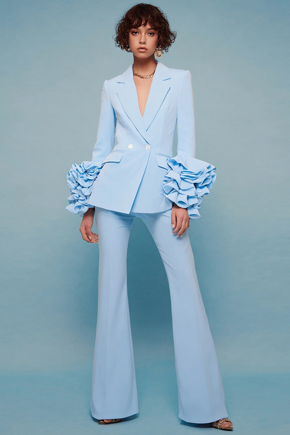 Blue 2 Piece Notched Lapel Long Sleeves Prom Suits with Ruffles