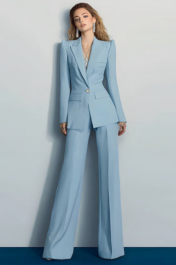 2 Piece Grey Blue Peak Lapel Long Sleeves Prom Suits