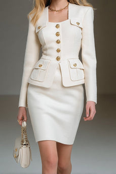White Tweed Single Breasted Pencil 2 Piece Short Interview Outfits
