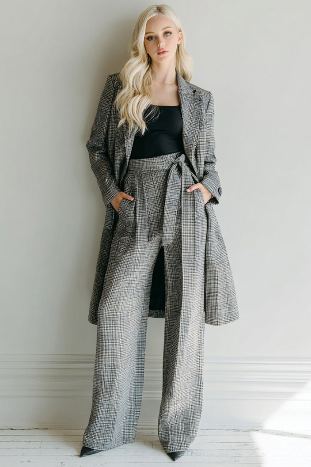 Grey Grid 2 Piece Notched Lapel Business Suits with Sash
