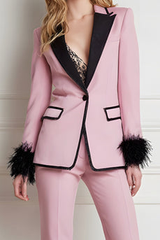 Black Pink 2 Piece Peak Lapel Patchwork Prom Suits with Feathers