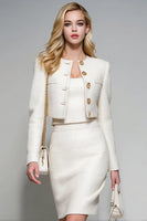 Load image into Gallery viewer, 2 Piece White Pencil Single Breasted Short Tweed Interview Outfits