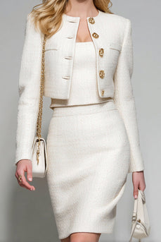 2 Piece White Pencil Single Breasted Short Tweed Interview Outfits